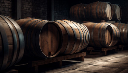 Old fashioned winery stores large barrels in a rustic cellar generated by AI