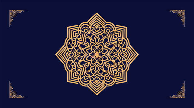 Arabic Vector traditional luxury ornamental mandala design background in gold color design and Navy Blue color background floral mandala patterns design.