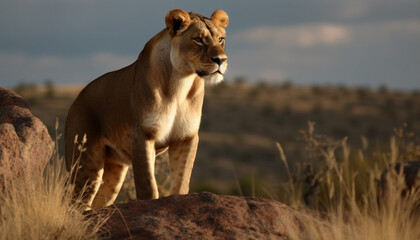 Obraz premium Majestic lioness resting in the African savannah generated by AI