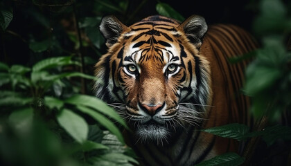 Bengal tiger staring, close up portrait in wilderness generated by AI