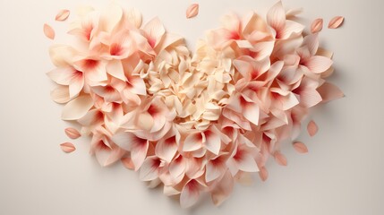  a heart shaped arrangement of pink flowers on a white background.  generative ai