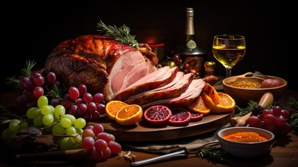  a large ham with oranges, grapes, and wine.  generative ai