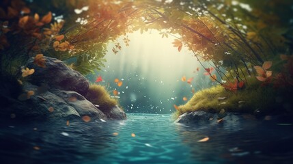Beautiful autumn nature background with view from cave with fresh clean water stream and yellow leaves. Copy space in the middle. Picturesque outdoor backdrop.