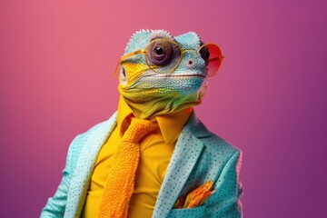 Stylish portrait of dressed up imposing anthropomorphic chameleon wearing glasses and suit on vibrant pink background with copy space. Funny pop art illustration. - obrazy, fototapety, plakaty