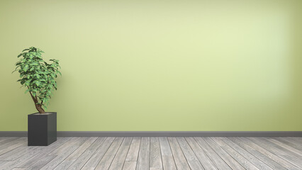 Empty living room interior wall mock up with plant against olive green wall, wooden floor. render