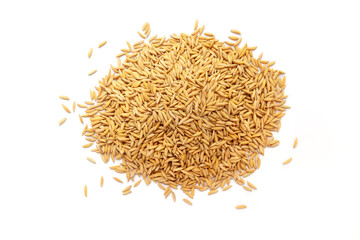 Pile of organic Rice with Bran (Oryza sativa) or Dhaan on a white background. Top view