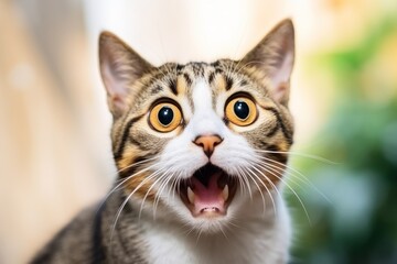 Naklejka na ściany i meble Happy surprised cat with open mouth.