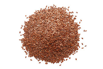 Pile of organic Flaxseeds (Linum usitatissimum) isolated on a white background. Top view