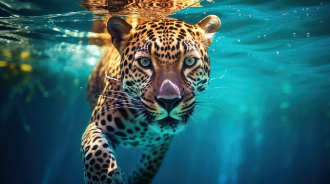 Portrait of a leopard swimming underwater.