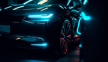 Shiny sports car in blurred motion, illuminated by blue headlights generated by AI