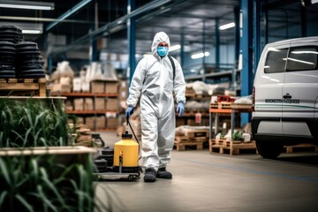 Fototapeta na wymiar a person doing a professional cleaning in a warehouse with a commercial vacuum, wearing PPE and mask