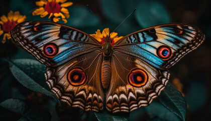 Vibrant multi colored butterfly wing showcases beauty in nature fragility generated by AI