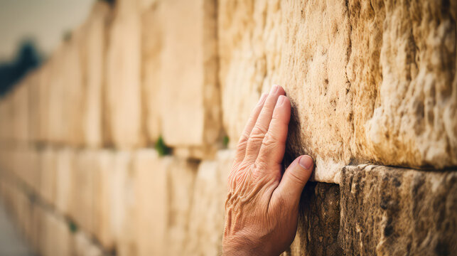 Old man's hand touching the wall of Tears in Jerusalem Israel
