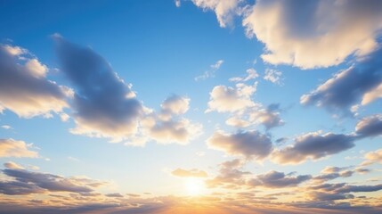 Blue sky clouds background Beautiful landscape with clouds and orange sun on sky 