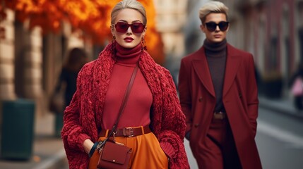 Fototapeta premium Women in Red Hues Strolling, High-End Fashion Shoot
