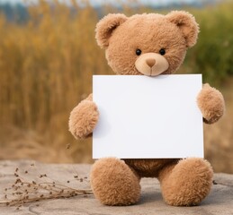 Big teddy bear on meadow with blank note paper with copy space. Valentine's Day, anniversary, Women's Day.