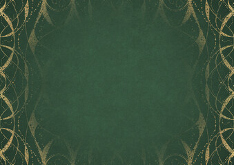 Warm green textured paper with vignette of golden hand-drawn pattern. Copy space. Digital artwork, A4. (pattern: p10-4b)