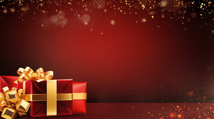 Red Gift Box with golden ribbon on red background , banner background, glitter above of frame, Generative AI.