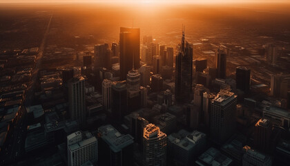 Modern city skyline glows at dusk, reflecting sunlight and business generated by AI