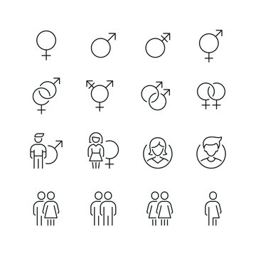 Vector line set of icons related with gender. Contains monochrome icons like man, sex, woman, male, female, person and more. Simple outline sign.