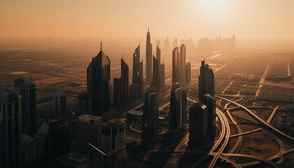 Obraz premium Modern city skyline illuminated by sunset, a panoramic travel destination generated by AI