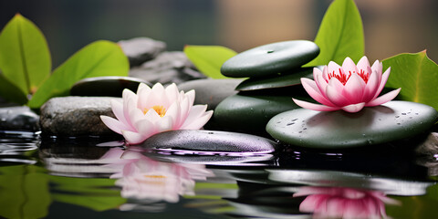   Lotus flowers on the water and stones in a pond  Lotus Flowers Gracefully Floating on Still Pond Waters with Scattered Stones AI Generative 