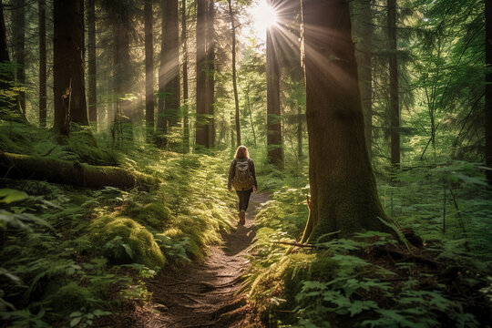 Into the Wild: A Woman's Adventure Unfolds as She Ventures Deep into the Forest on a Hike, ai generative