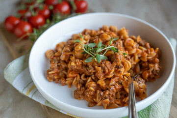 Beef and Pasta with tomato cream sauce on a plate