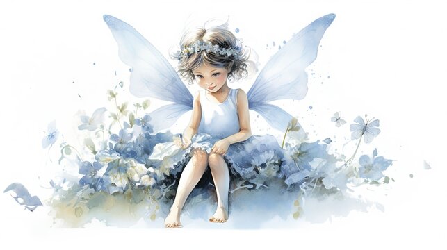  a painting of a little girl dressed as a fairy sitting on a bed of flowers.  generative ai