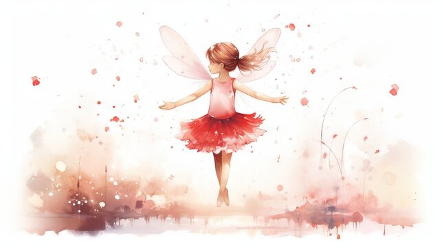  a painting of a little girl dressed as a fairy with a red dress.  generative ai
