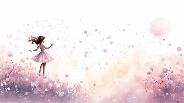  a girl in a pink dress is flying a kite in a field of flowers.  generative ai