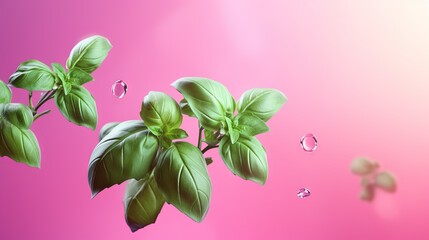  a group of green leaves floating on top of a pink background.  generative ai