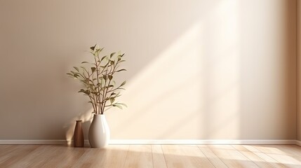 Fototapeta na wymiar a white vase with a plant in it on a wooden floor. generative ai