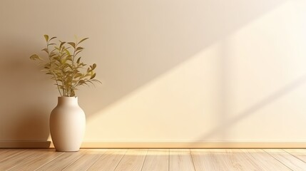  a white vase with a plant in it on a wooden floor.  generative ai