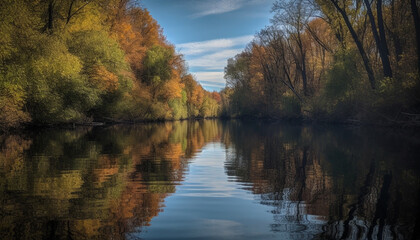 Tranquil autumn forest reflects vibrant natural beauty in multi colored leaves generated by AI