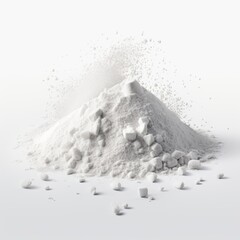 Pile of white powder, wheat flour, sugar on white background.