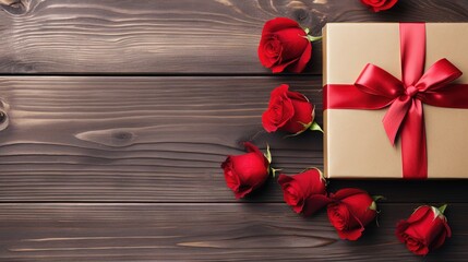Naklejka na ściany i meble a gift box with a red ribbon and a bunch of red roses. generative ai