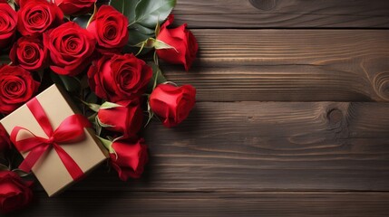  a bunch of roses and a gift box on a wooden table.  generative ai