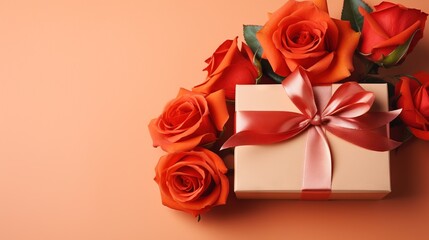  a gift box with a red ribbon and a bunch of roses.  generative ai