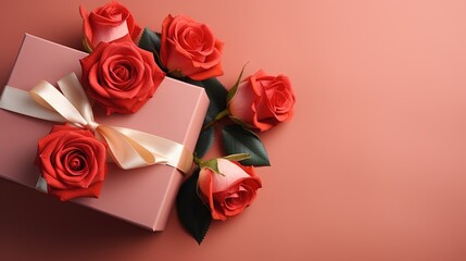  a pink gift box with three red roses on top of it.  generative ai