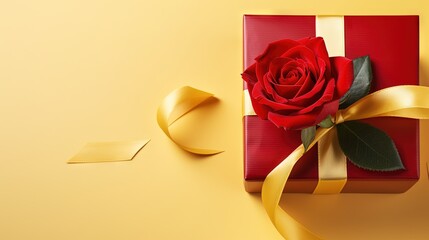  a red gift with a yellow ribbon and a single rose.  generative ai