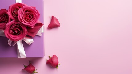  a purple gift box with pink roses on a pink background.  generative ai