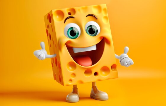 Cute happy cheese character on a yellow background. Funny food emoticon illustration