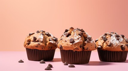  three muffins with chocolate chips on a pink surface.  generative ai