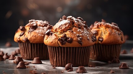  three chocolate chip muffins with chocolate chips scattered around them.  generative ai - obrazy, fototapety, plakaty