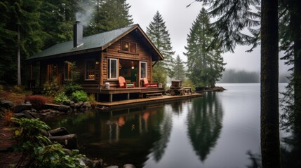 Fototapeta premium Hut in the forest on the river bank. Travel background