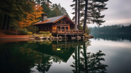 Obraz premium Hut in the forest on the river bank. Travel background