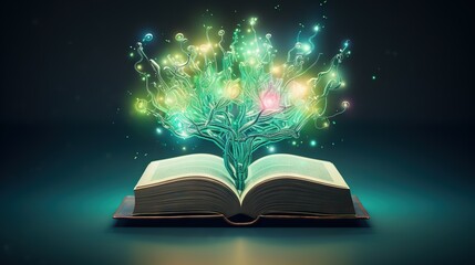  an open book with a glowing tree on top of it.  generative ai