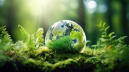 Obraz na płótnie Canvas Globe On Moss In Forest - Environmental Concept
