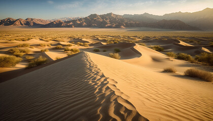 Fototapeta na wymiar Rippled sand dunes in arid Africa create majestic striped pattern generated by AI